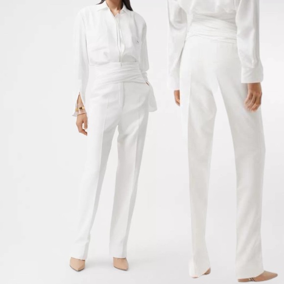 Burberry Optic White Sash Waist Trousers 8 NEW Wool Pleated 40 - Picture 1 of 8